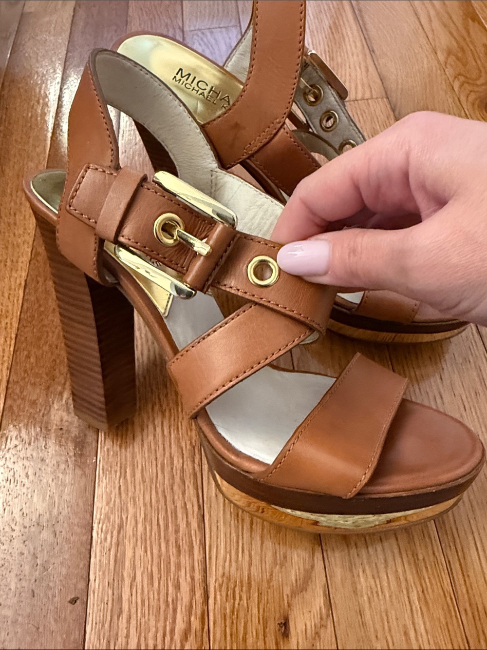 MICHAEL Michael Kors Cognac Leather Platform Heeled Sandals with Gold Hardware